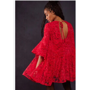 NEW Free People LE FLEUR Floral Lace Babydoll Swing Mini Dress in Red S